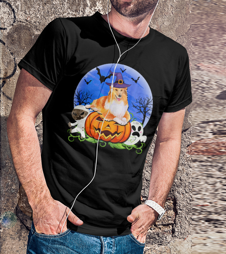 Sheltie Halloween Pumpkin Ghosts Mummy Witch Hat Bats Moon T-Shirt