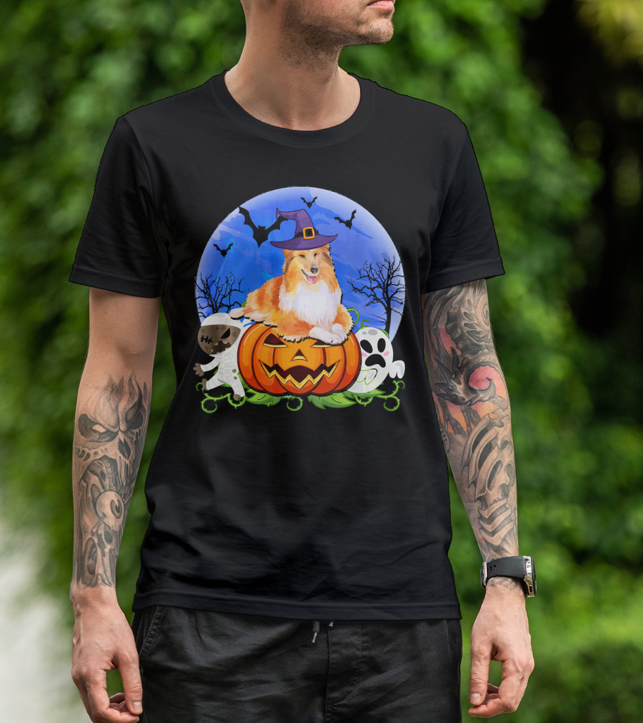 Sheltie Halloween Pumpkin Ghosts Mummy Witch Hat Bats Moon T-Shirt