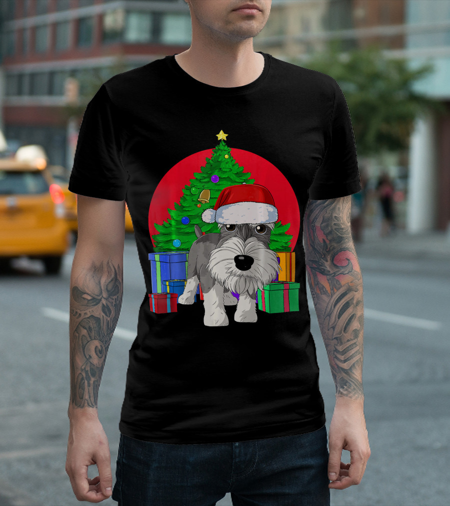 Merry Christmas Schnauzer Santa Hat Christmas Tree Presents T-Shirt
