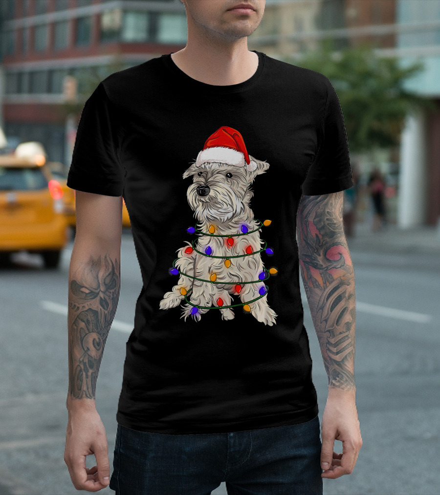 Schnauzer Santa Hat Christmas Lights Wrapping T-Shirt