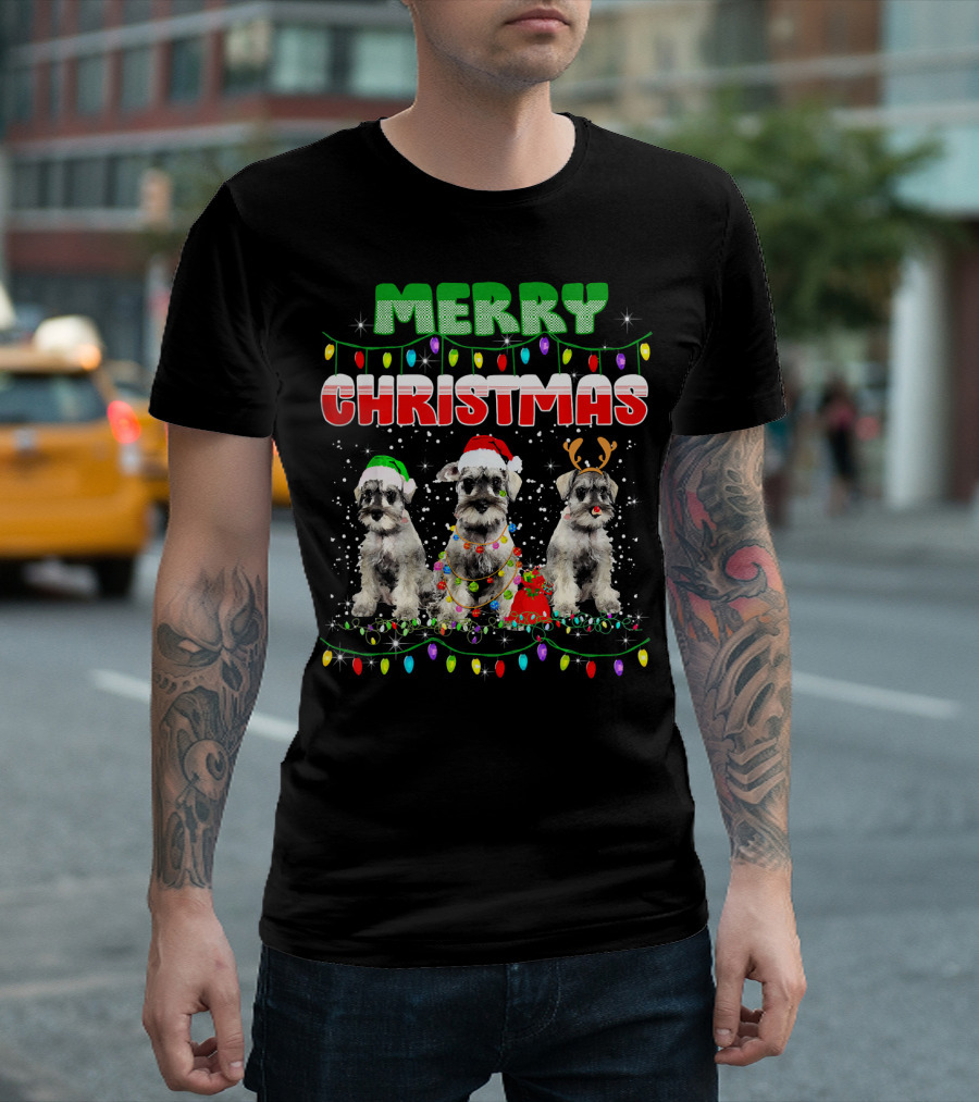 Merry Christmas Schnauzer Dogs Holiday Lights T-Shirt