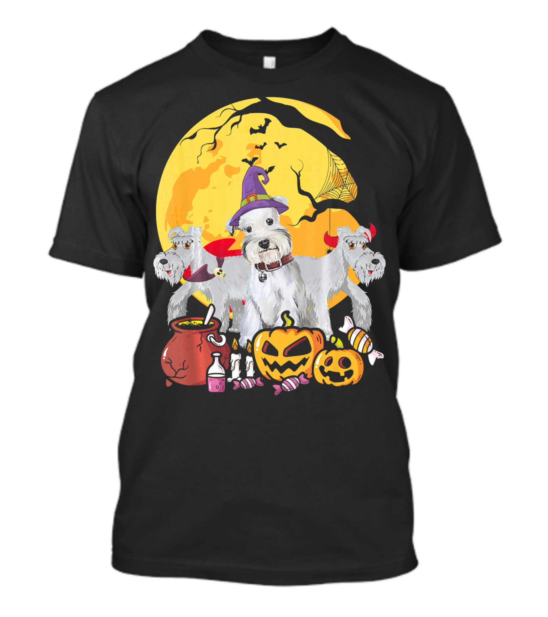 Schnauzer Dog Lover Witch Ghosts Halloween Moon Jack-O'-Lantern Candies Cauldron T-Shirt