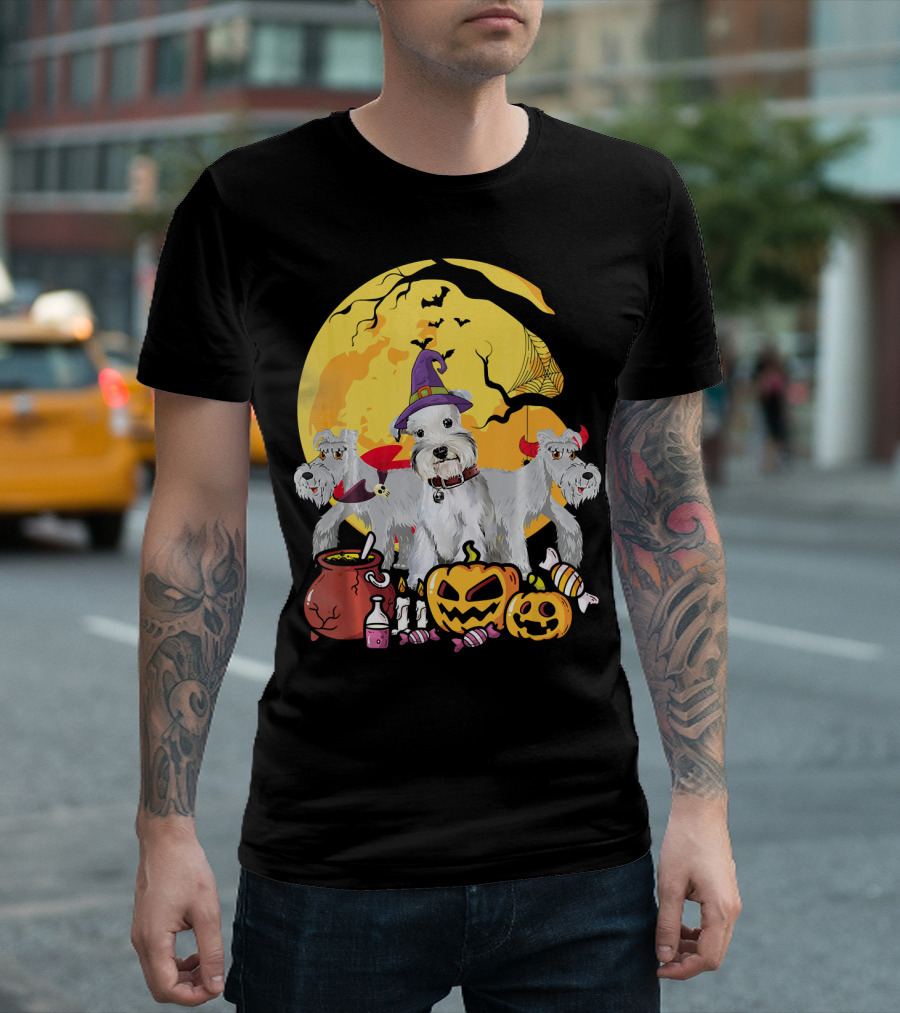 Schnauzer Dog Lover Witch Ghosts Halloween Moon Jack-O'-Lantern Candies Cauldron T-Shirt