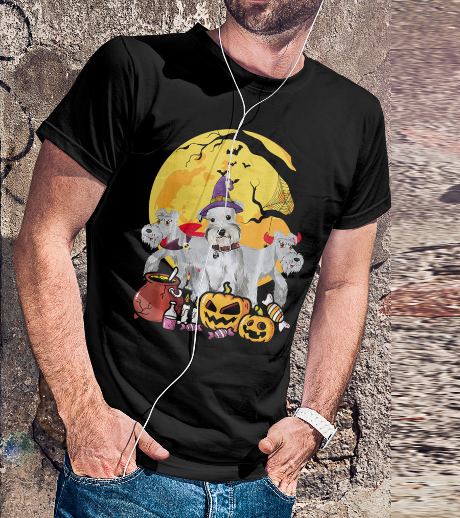 Schnauzer Dog Lover Witch Ghosts Halloween Moon Jack-O'-Lantern Candies Cauldron T-Shirt