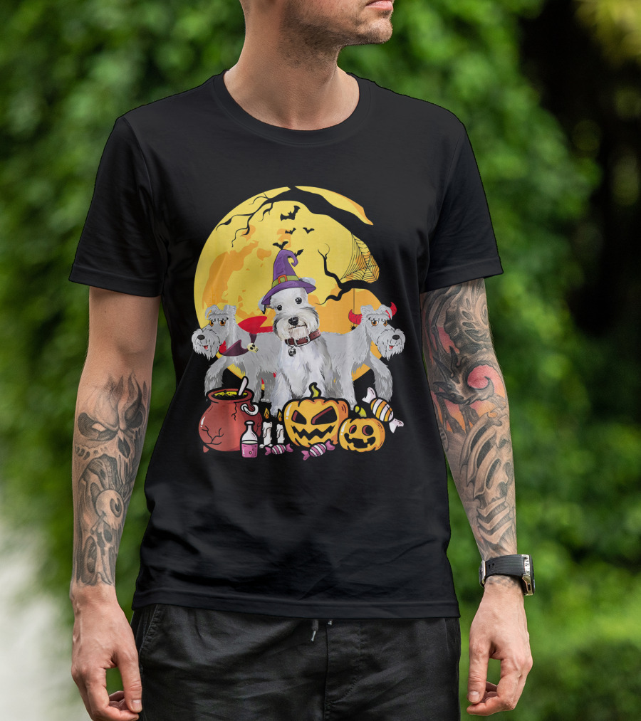 Schnauzer Dog Lover Witch Ghosts Halloween Moon Jack-O'-Lantern Candies Cauldron T-Shirt