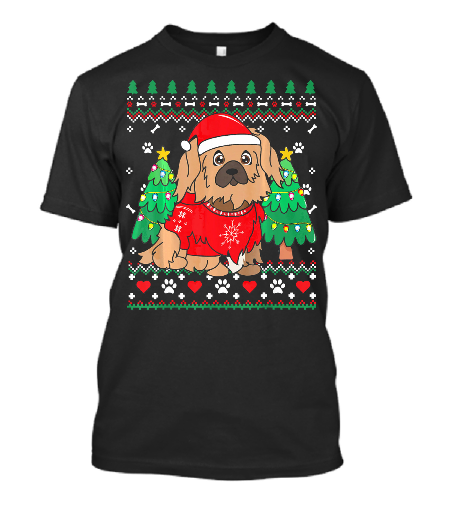 Pekingese Dog In Christmas Sweater With Ornament Tree And Festive T-Shirt