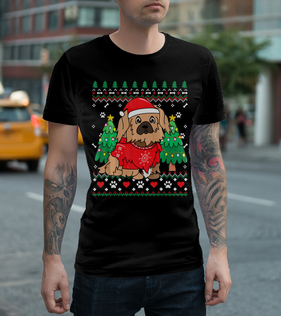 Pekingese Dog In Christmas Sweater With Ornament Tree And Festive T-Shirt