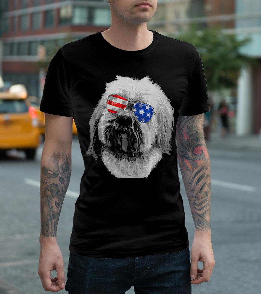 Vintage Lhasa Apso Dog with American Flag Sunglasses USA T-Shirt