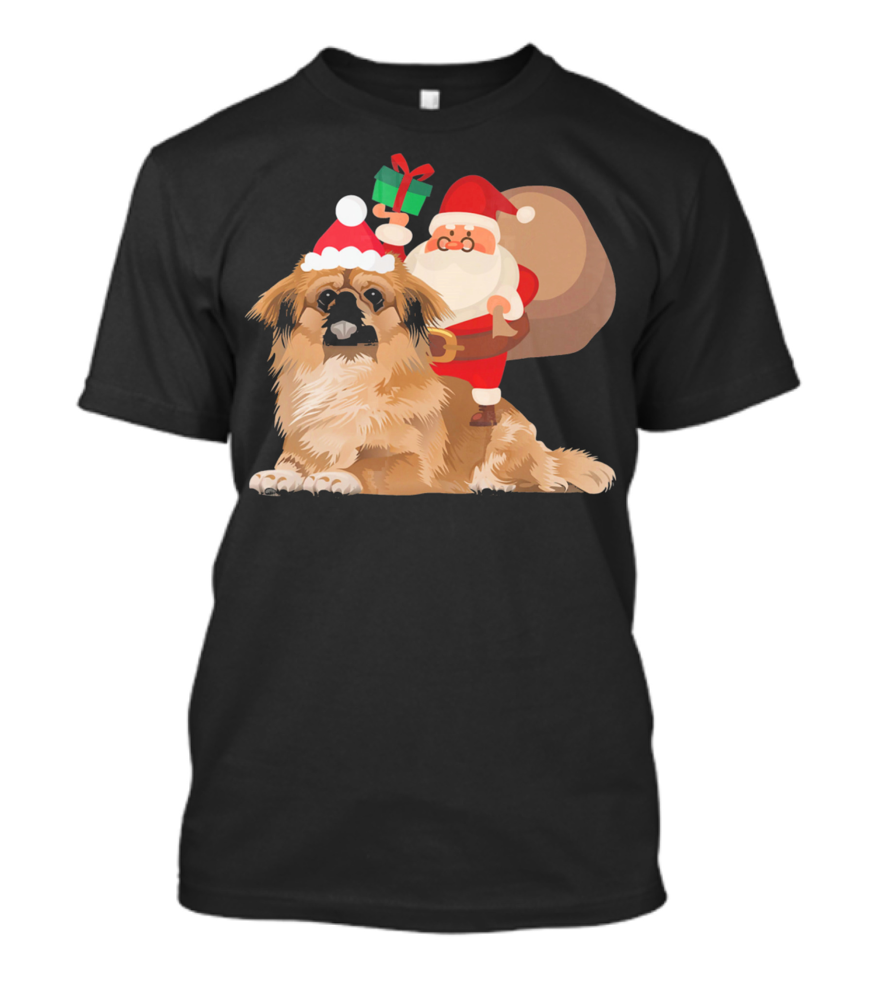 Santa Claus Holding Gift Riding Pekingese With Christmas Hat T-Shirt