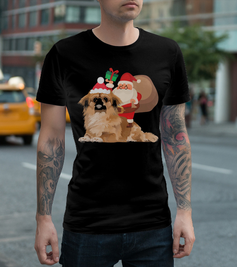 Santa Claus Holding Gift Riding Pekingese With Christmas Hat T-Shirt