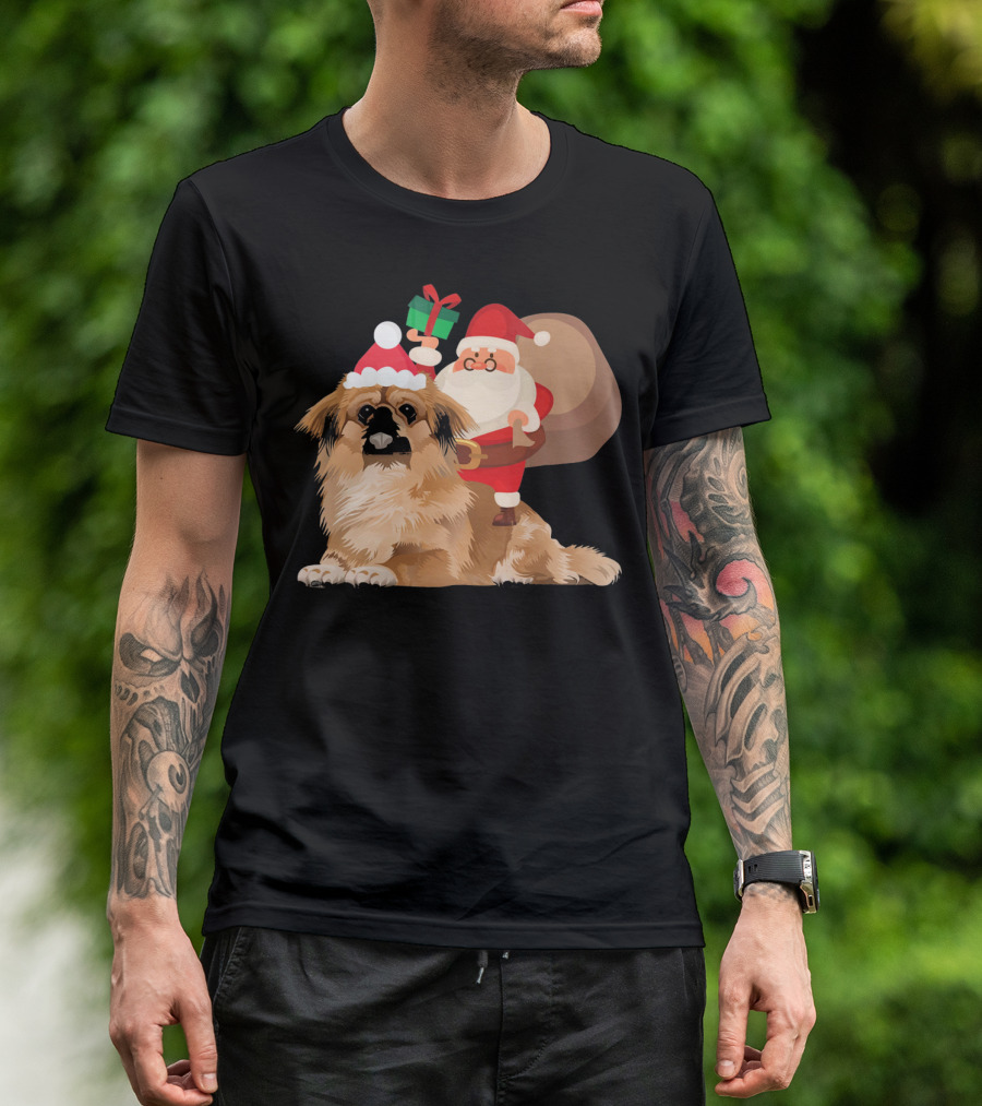 Santa Claus Holding Gift Riding Pekingese With Christmas Hat T-Shirt