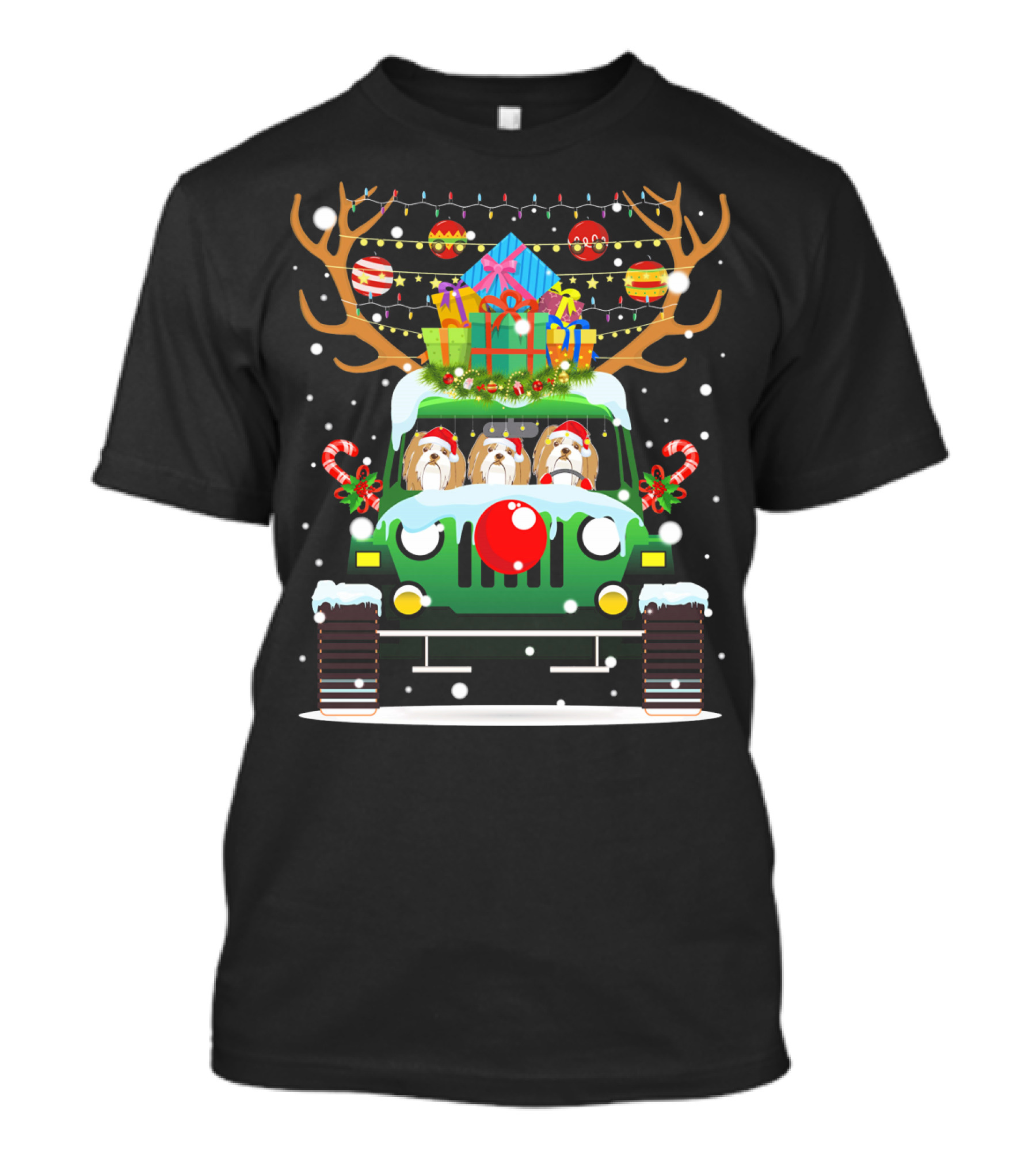 Santa Lhasa Apso Driving Jeep With Reindeer Antlers And Christmas Presents T-Shirt