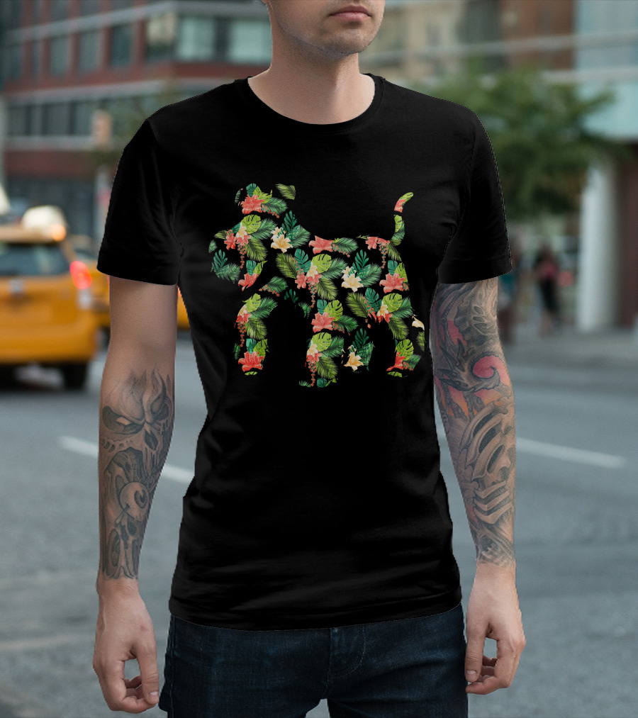 Schnauzer Tropical Floral Hibiscus Leaf Print T-Shirt