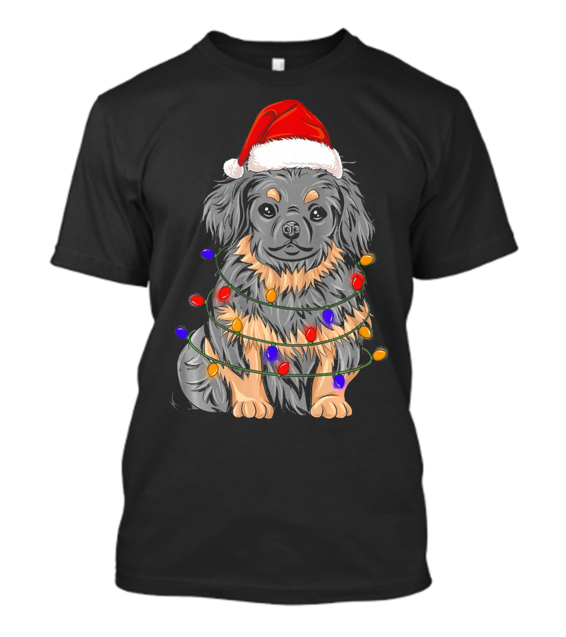 Pekingese Wrapped In Xmas Lights With Santa Hat T-Shirt