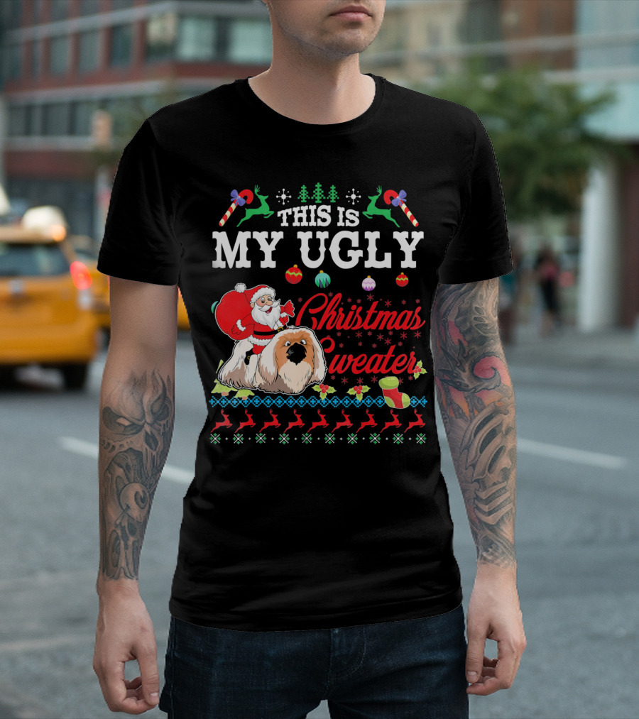 This Is My Ugly Christmas Sweater Santa Riding Pekingese Dog T-Shirt