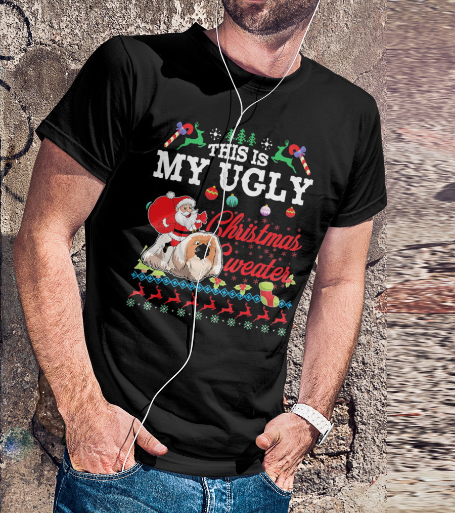 This Is My Ugly Christmas Sweater Santa Riding Pekingese Dog T-Shirt