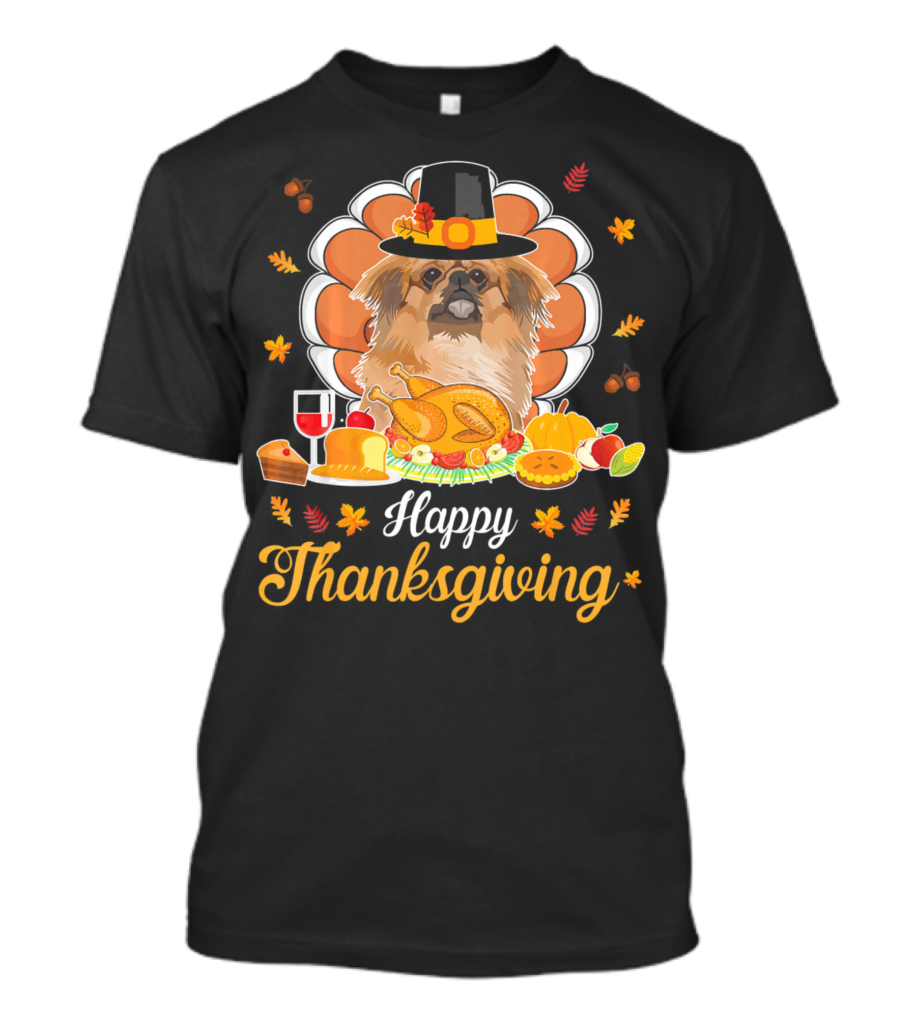 Happy Thanksgiving Pekingese Pilgrim Turkey Dish Wine Feast T-Shirt