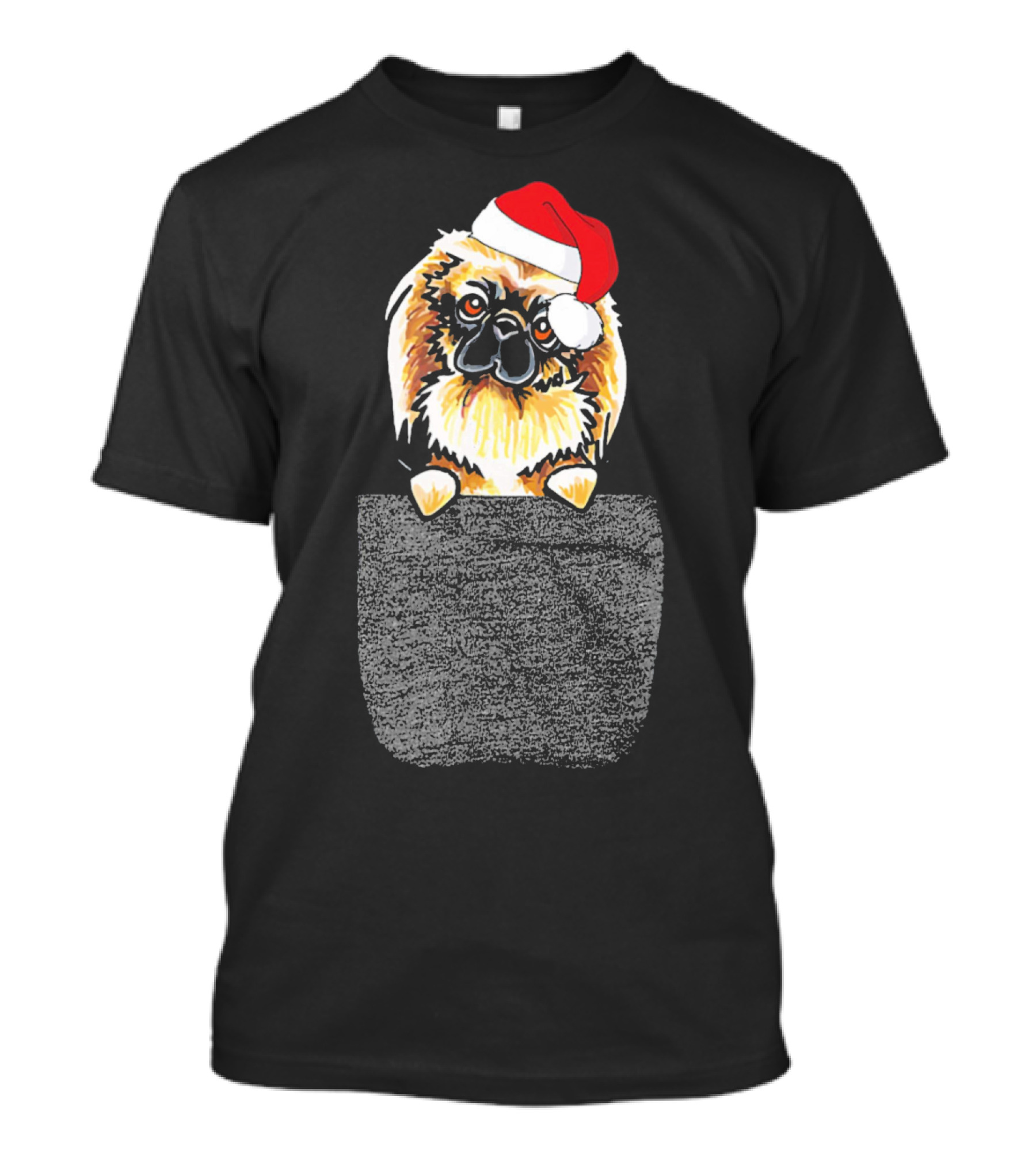 Pekingese Dog With Santa Hat Peeking From Pocket T-Shirt