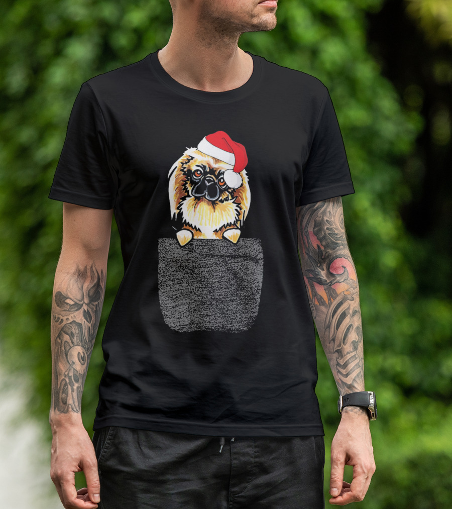 Pekingese Dog With Santa Hat Peeking From Pocket T-Shirt