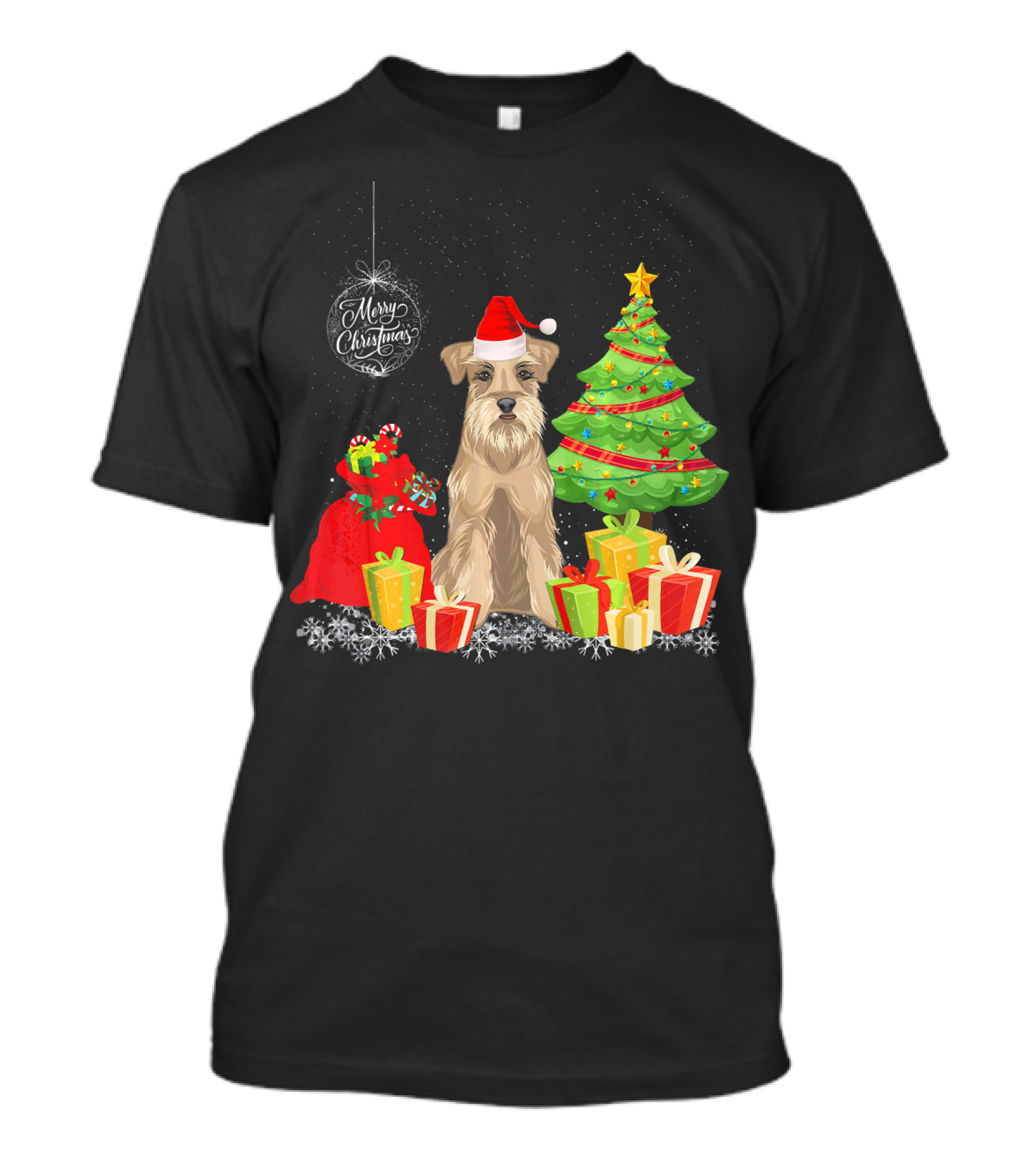 Schnauzer With Merry Christmas Santa Hat And Gifts Under Christmas Tree T-Shirt