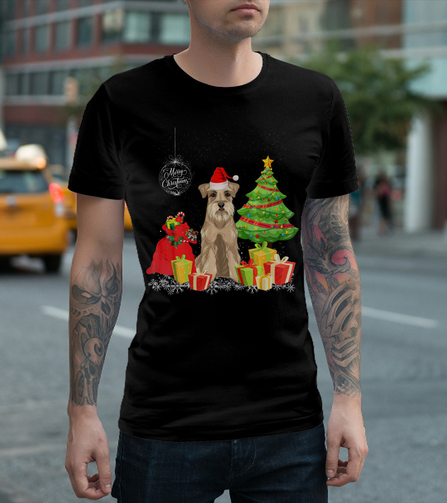Schnauzer With Merry Christmas Santa Hat And Gifts Under Christmas Tree T-Shirt
