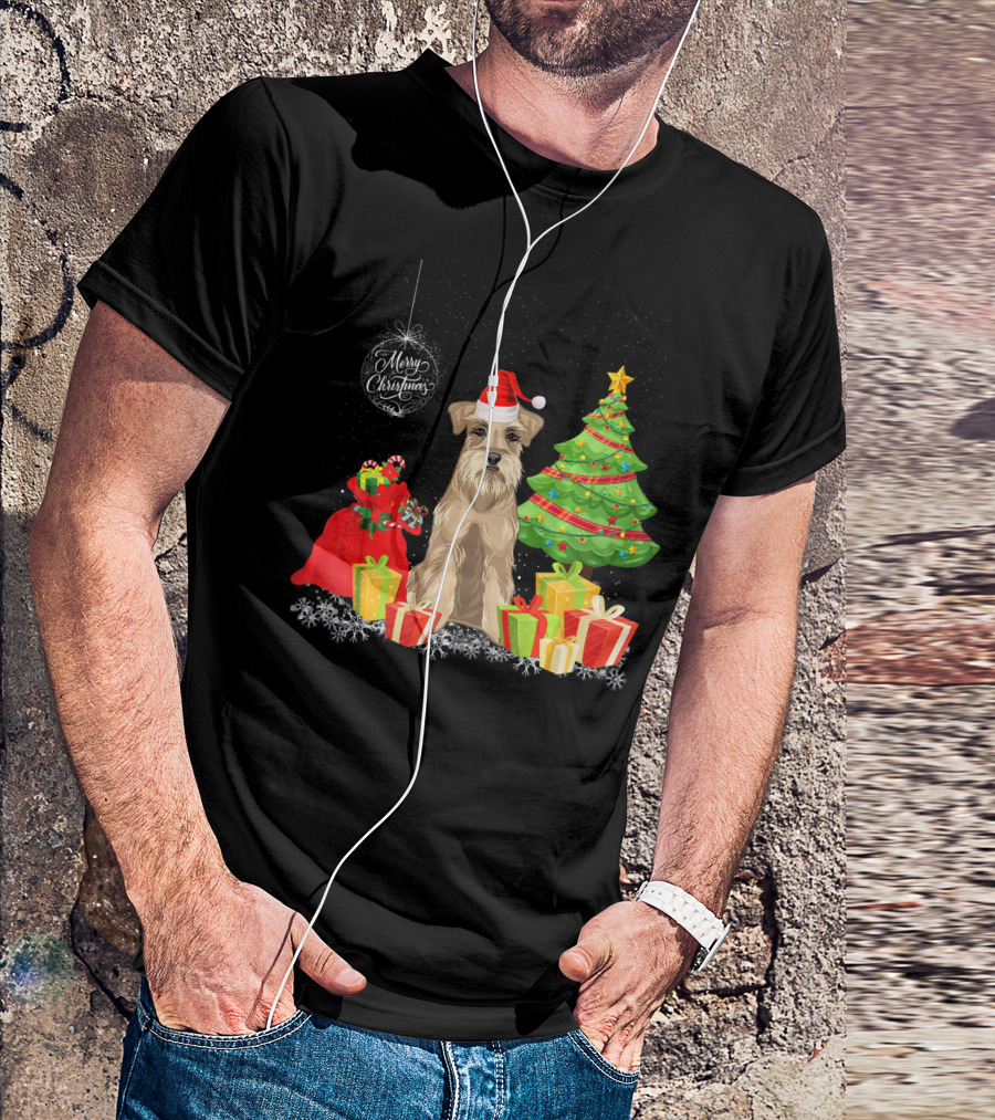 Schnauzer With Merry Christmas Santa Hat And Gifts Under Christmas Tree T-Shirt