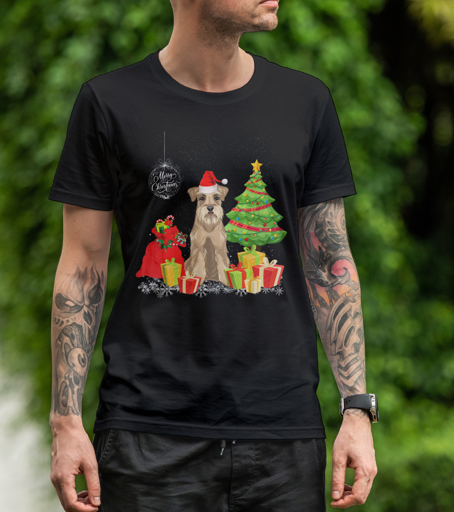 Schnauzer With Merry Christmas Santa Hat And Gifts Under Christmas Tree T-Shirt
