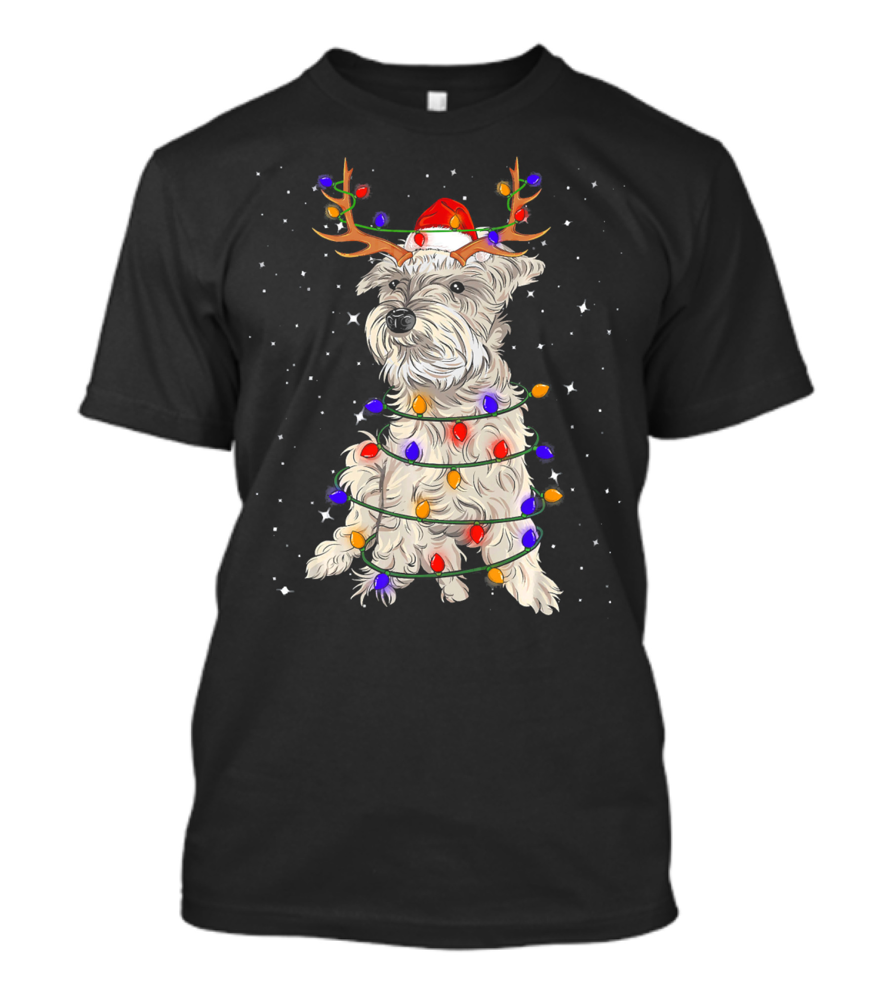 Schnauzer Wrapped In Christmas Lights Wearing Santa Hat And Reindeer Antlers T-Shirt