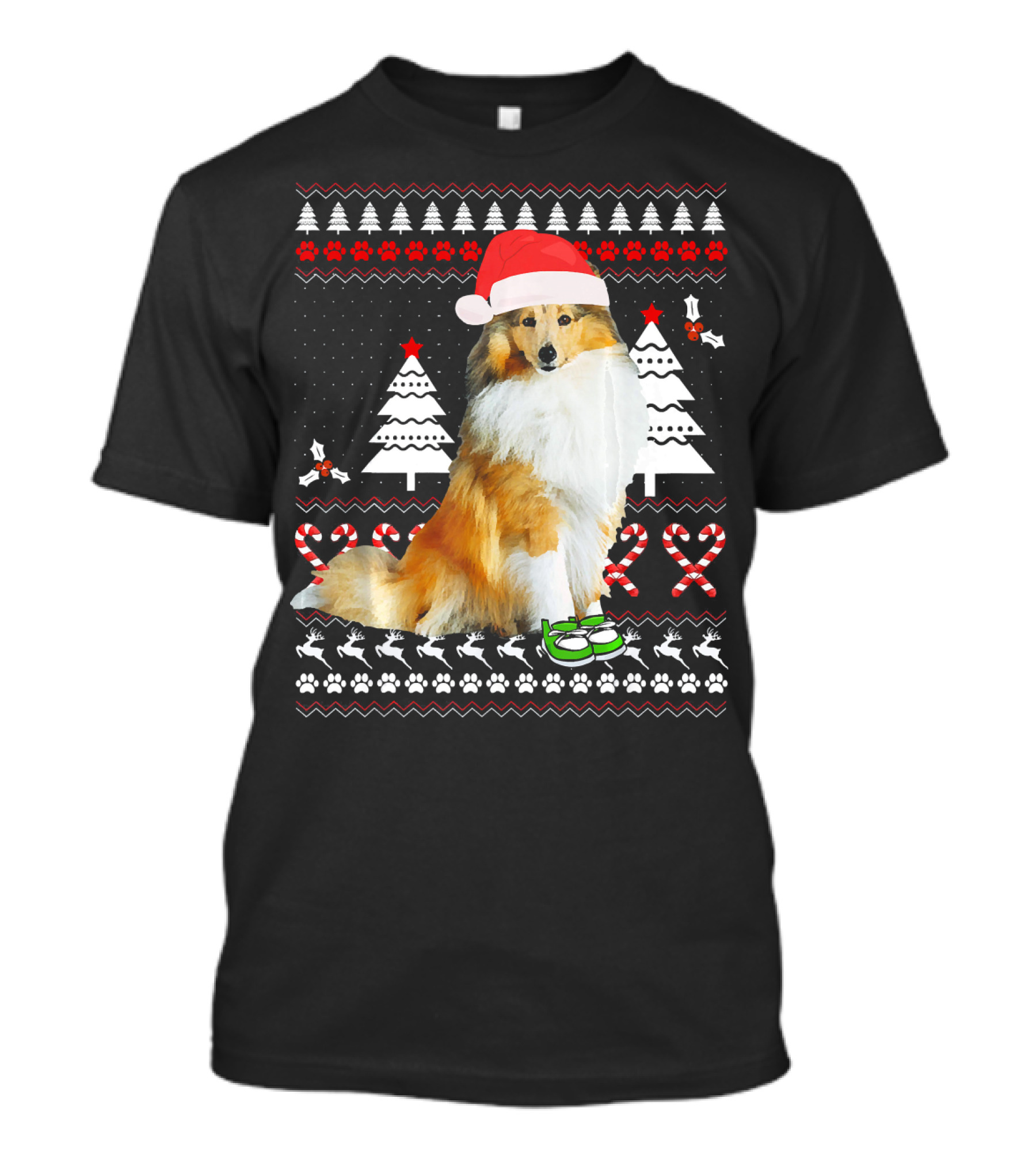 Sheltie Dog Christmas Ugly Sweater Santa Hat Holiday T-Shirt