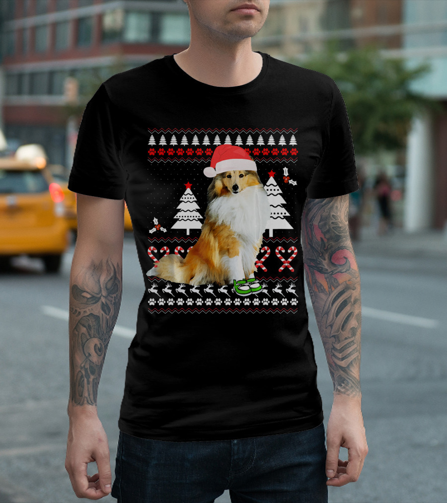 Sheltie Dog Christmas Ugly Sweater Santa Hat Holiday T-Shirt