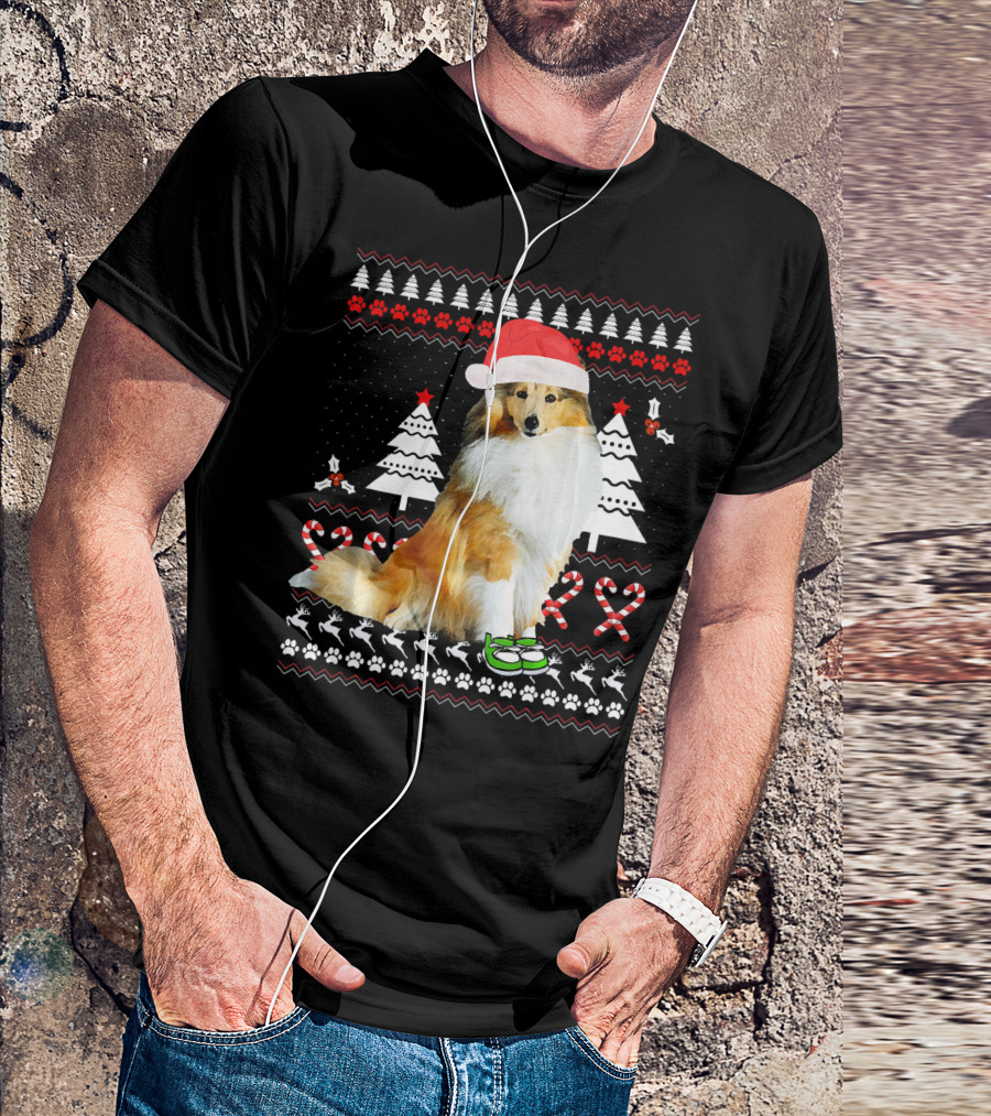 Sheltie Dog Christmas Ugly Sweater Santa Hat Holiday T-Shirt