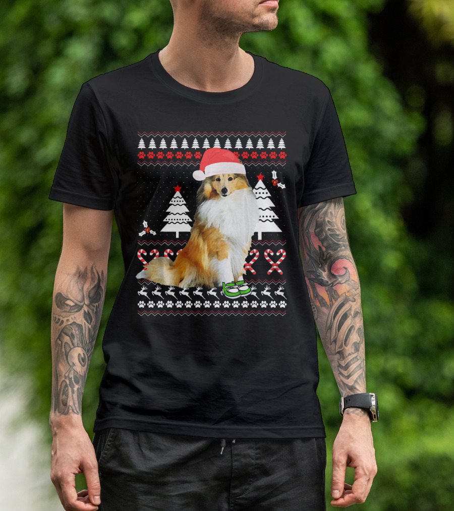 Sheltie Dog Christmas Ugly Sweater Santa Hat Holiday T-Shirt
