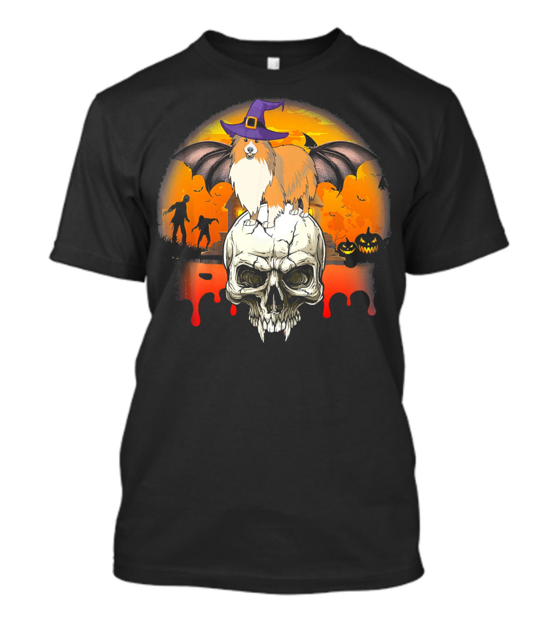 Skull With Sheltie Halloween Bat Wings Witch Hat Pumpkin Zombies Awesome Dog T-Shirt