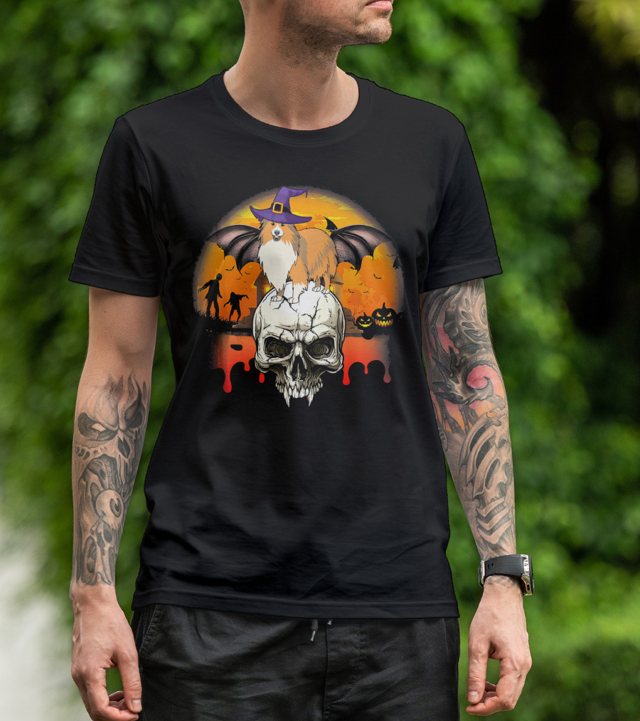Skull With Sheltie Halloween Bat Wings Witch Hat Pumpkin Zombies Awesome Dog T-Shirt