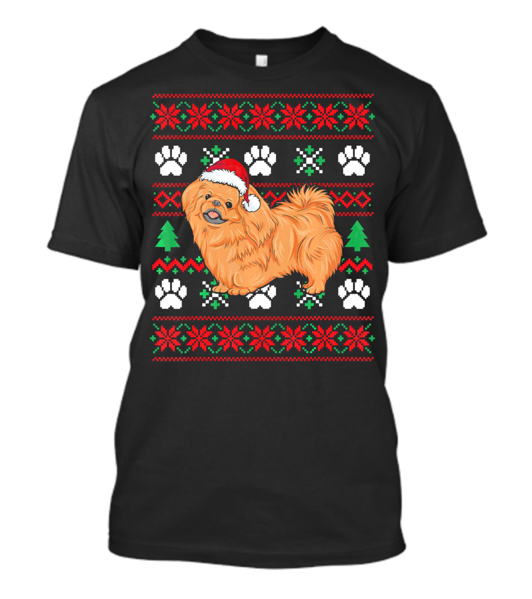 Pekingese Ugly Christmas Santa Hat Paw Prints Snowflakes Trees T-Shirt