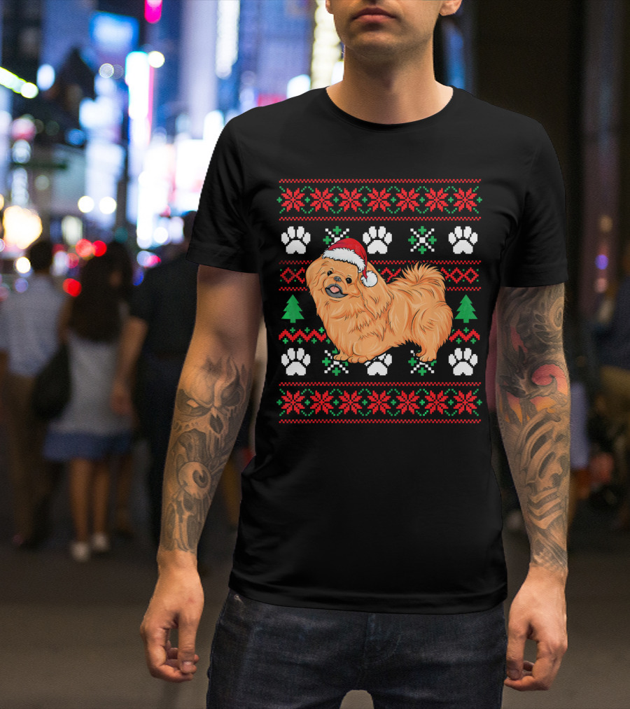 Pekingese Ugly Christmas Santa Hat Paw Prints Snowflakes Trees T-Shirt