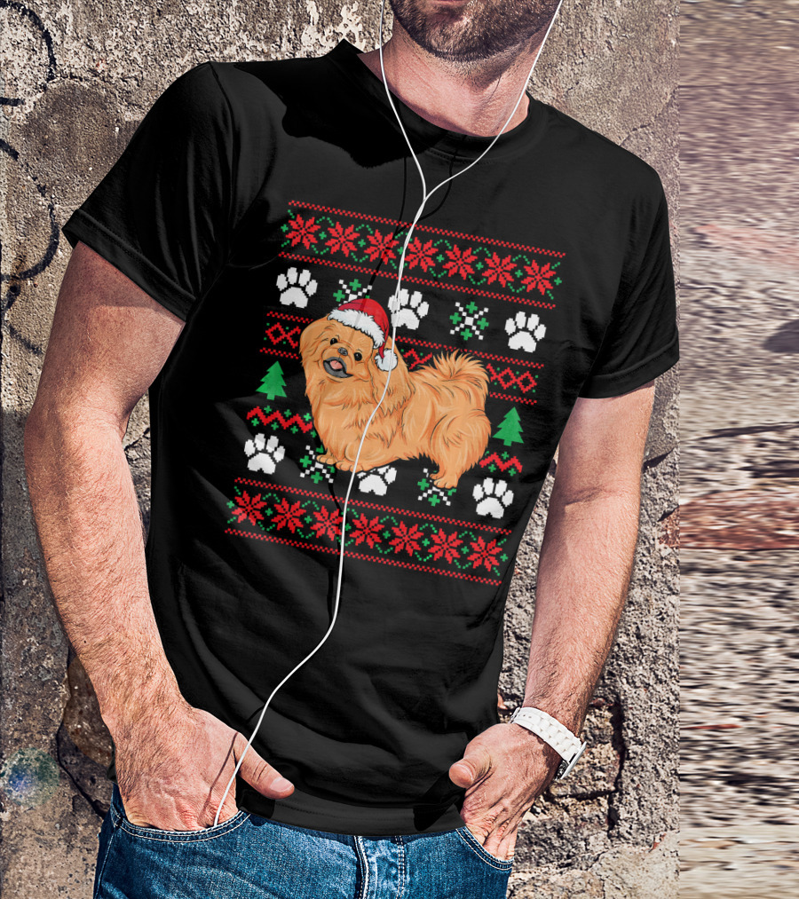 Pekingese Ugly Christmas Santa Hat Paw Prints Snowflakes Trees T-Shirt