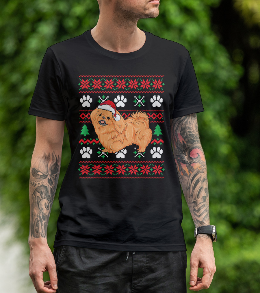 Pekingese Ugly Christmas Santa Hat Paw Prints Snowflakes Trees T-Shirt