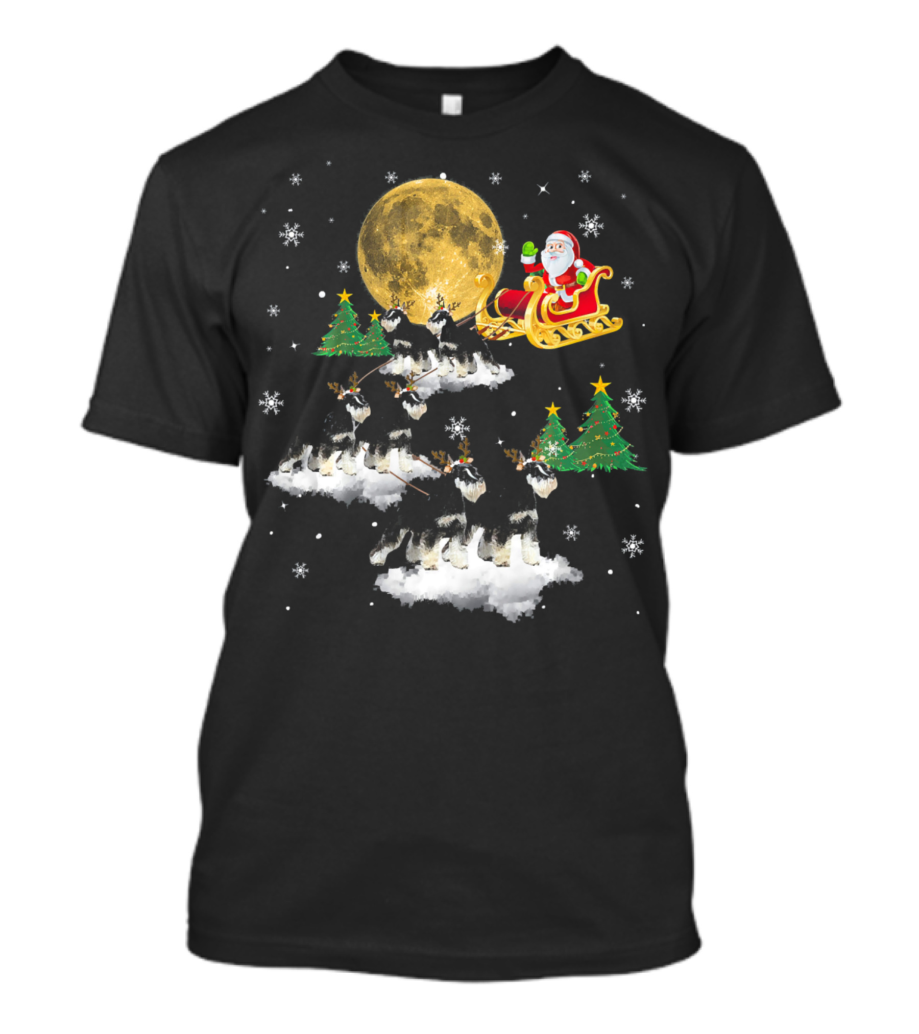 Schnauzer Christmas Funny Santa Sleigh Snowflakes Moon Trees T-Shirt