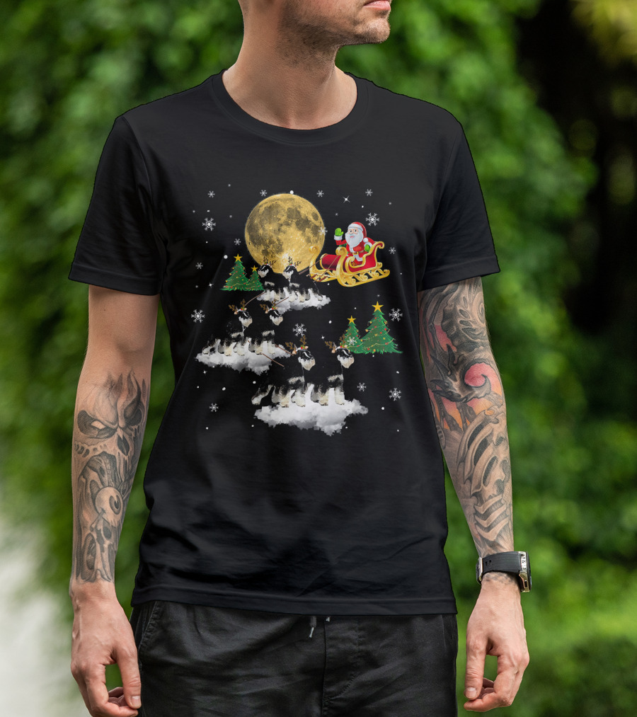 Schnauzer Christmas Funny Santa Sleigh Snowflakes Moon Trees T-Shirt