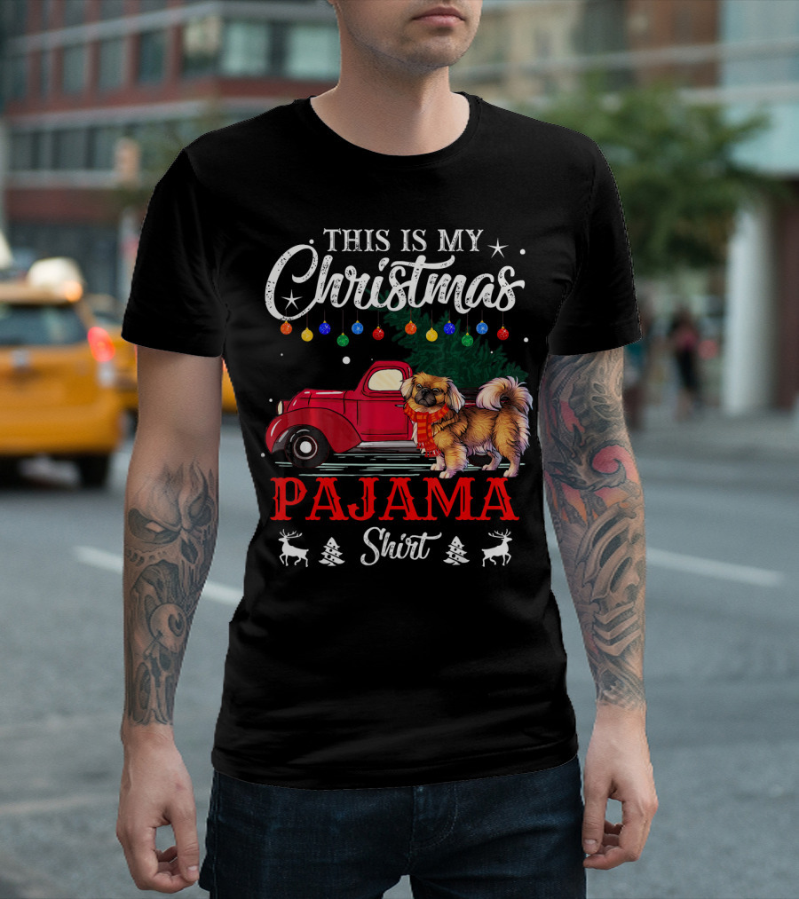 This Is My Christmas Pajama Shirt With Pekingese Dog and Red Truck T-Shirt