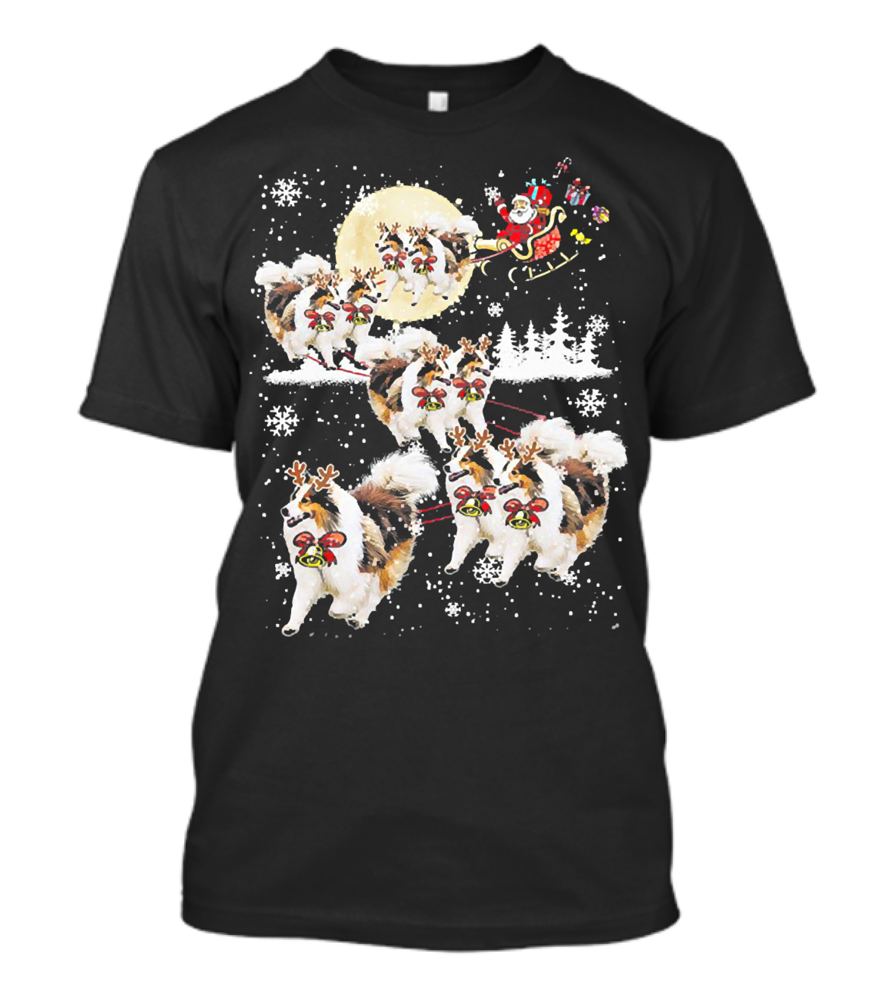 Sheltie Reindeer Christmas Nice Dog Santa Sleigh Full Moon Snowflakes T-Shirt