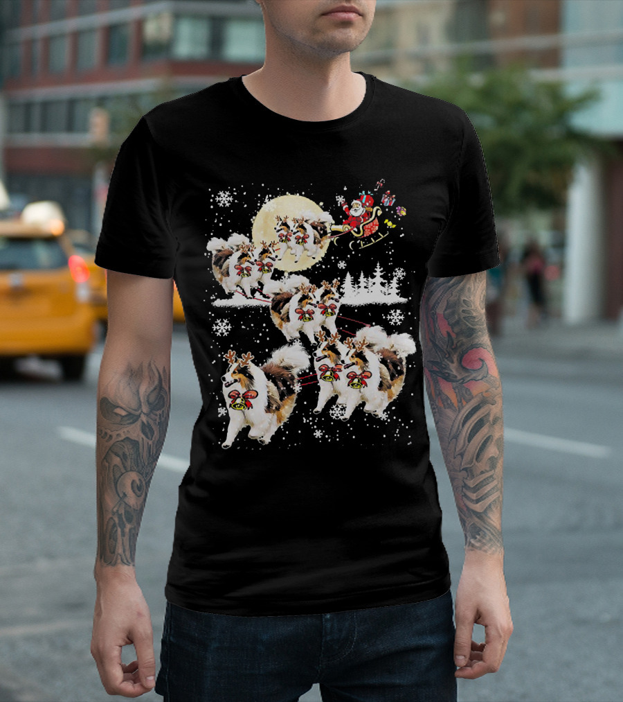 Sheltie Reindeer Christmas Nice Dog Santa Sleigh Full Moon Snowflakes T-Shirt