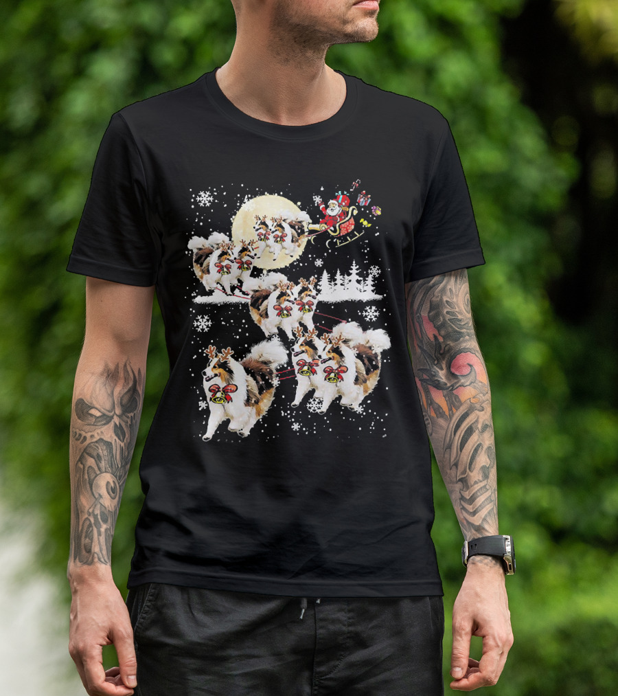 Sheltie Reindeer Christmas Nice Dog Santa Sleigh Full Moon Snowflakes T-Shirt