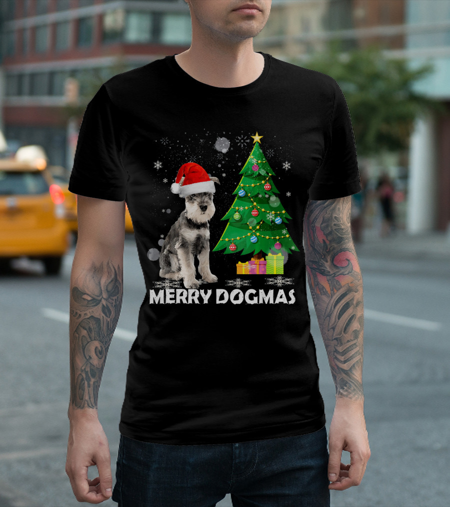 Merry Dogmas Schnauzer Christmas Santa Hat Tree T-Shirt