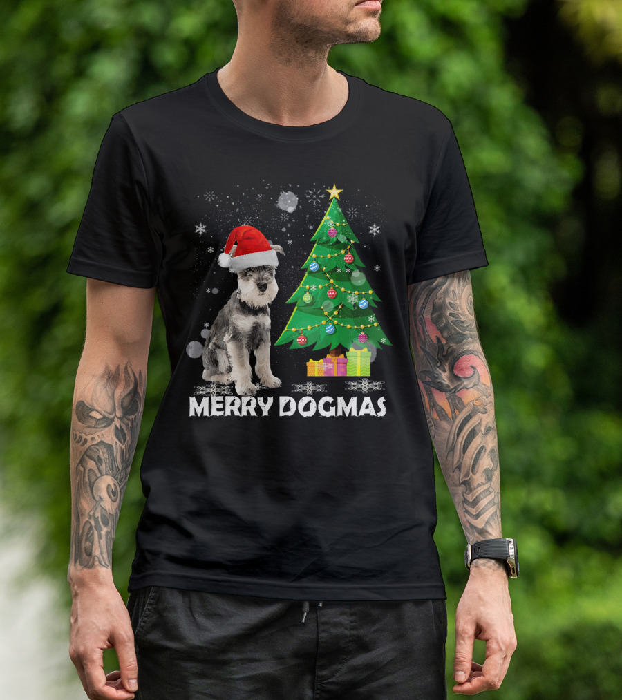 Merry Dogmas Schnauzer Christmas Santa Hat Tree T-Shirt