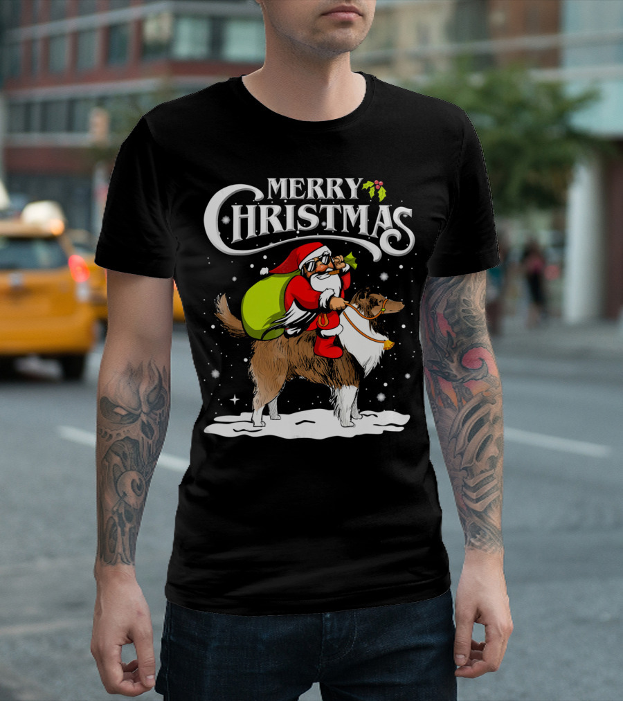 Merry Christmas Santa Riding Shetland Sheepdog Funny Chr T-Shirt