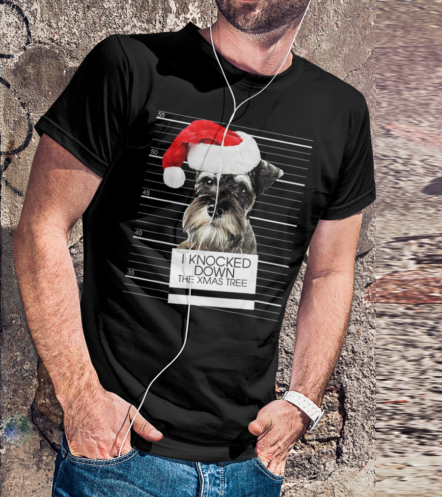 Schnauzer Dog In Santa Hat With Mugshot And I Knocked Down The Xmas Tree T-Shirt