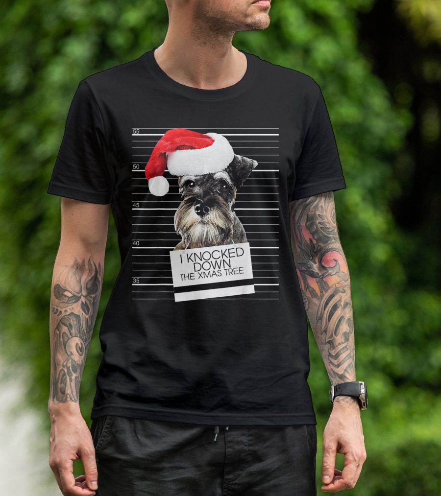 Schnauzer Dog In Santa Hat With Mugshot And I Knocked Down The Xmas Tree T-Shirt