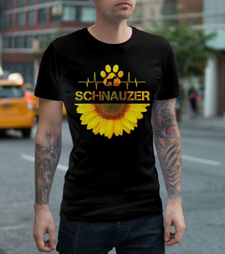 Schnauzer Heartbeat Paw Print Sunflower T-Shirt